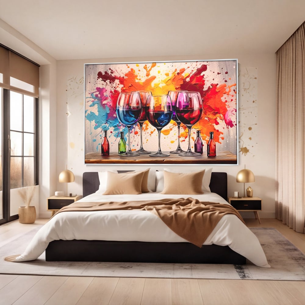 Tablou canvas cu pictura cu pahare de vin si pete, in rama de aluminiu argintiu, pe perete intr-un dormitor